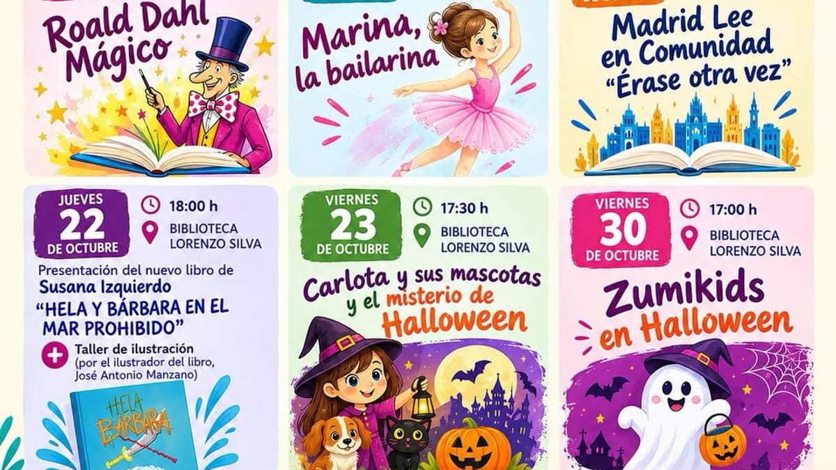 Cartel de programación cultural de octubre en Humanes de Madrid con actividades de teatro, literatura, ilustración y Halloween