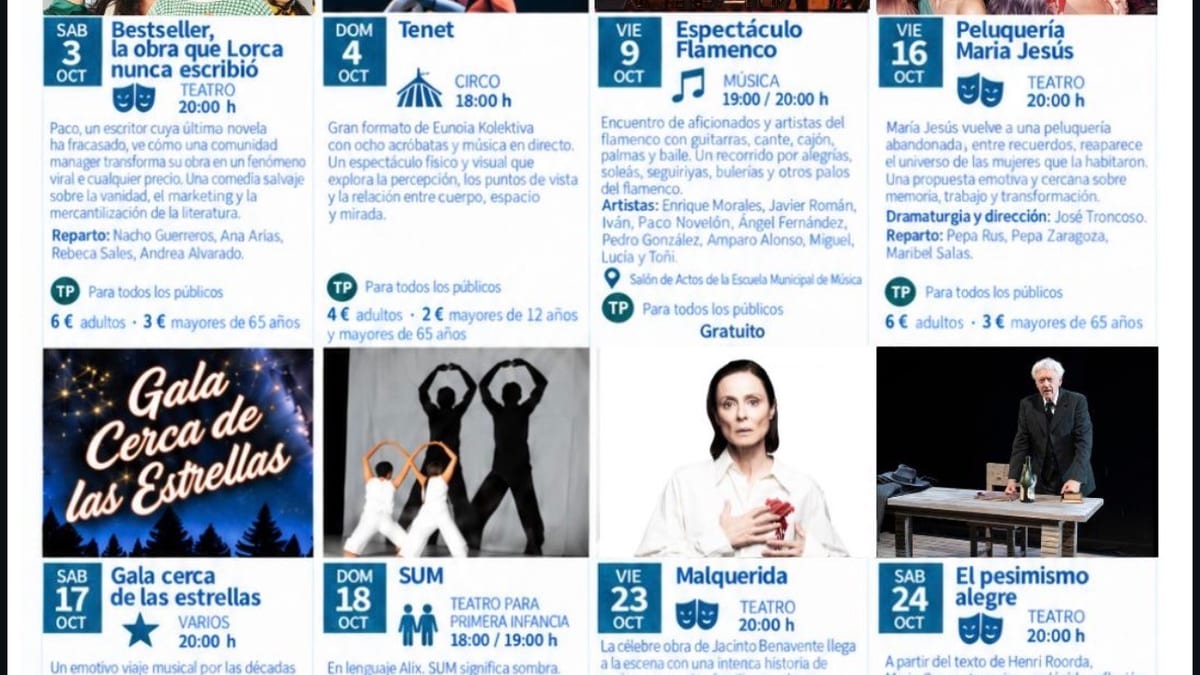 Cartel de la programación cultural de octubre del Teatro Francisco Rabal de Pinto, mostrando espectáculos de teatro, circo, flamenco y música