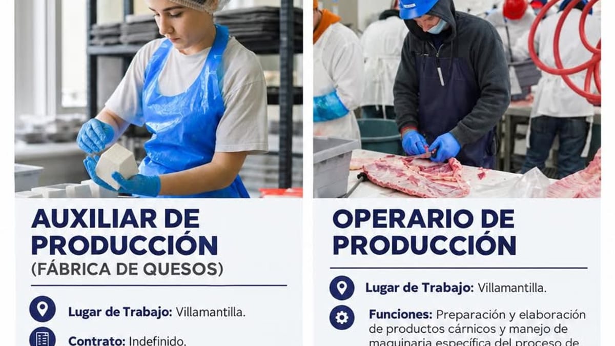Cartel de ofertas de empleo en Villamantilla del Ayuntamiento de Sevilla la Nueva con puestos de auxiliar de producción y operario de producción