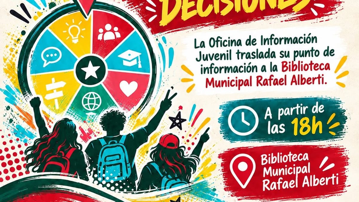Cartel del Punto de Información Juvenil Móvil 'La ruleta de las decisiones' en la Biblioteca Municipal Rafael Alberti