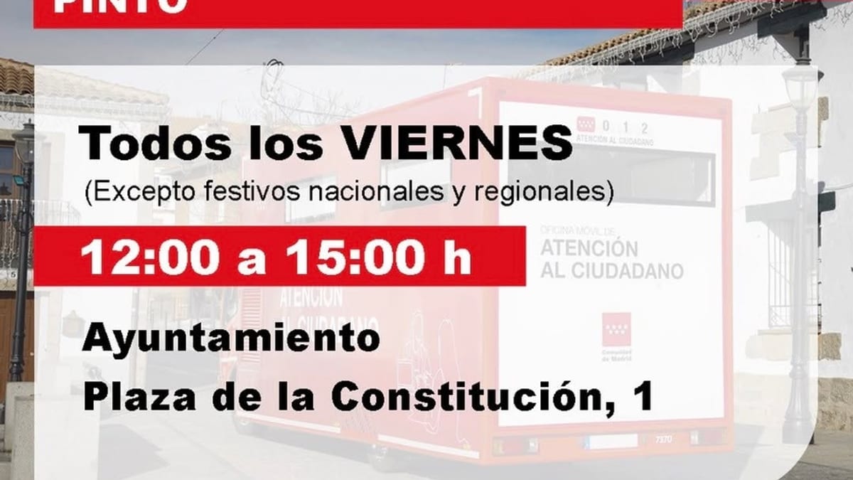 Cartel informativo de la Oficina Móvil de Atención al Ciudadano de la Comunidad de Madrid en Pinto