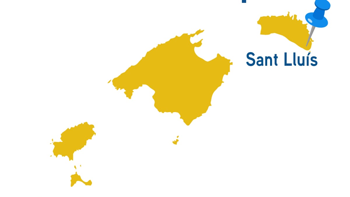 Cartel promocional de la oficina móvil del autónomo en Sant Lluís, Islas Baleares, con información sobre horarios y ubicación