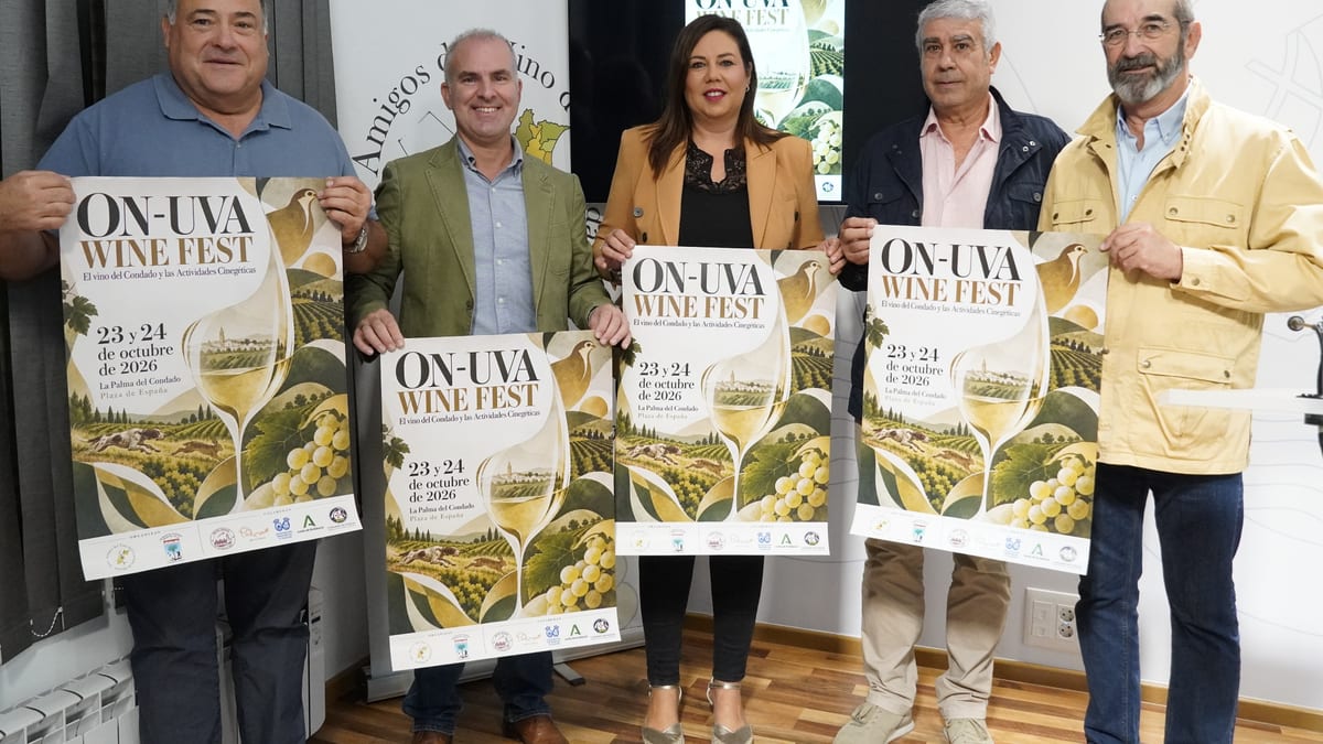 Cartel de ON-UVA WINE FEST 2026 en La Palma del Condado, Huelva. Evento dedicado al vino del Condado y actividades campestres los días 23 y 24 de octubre.