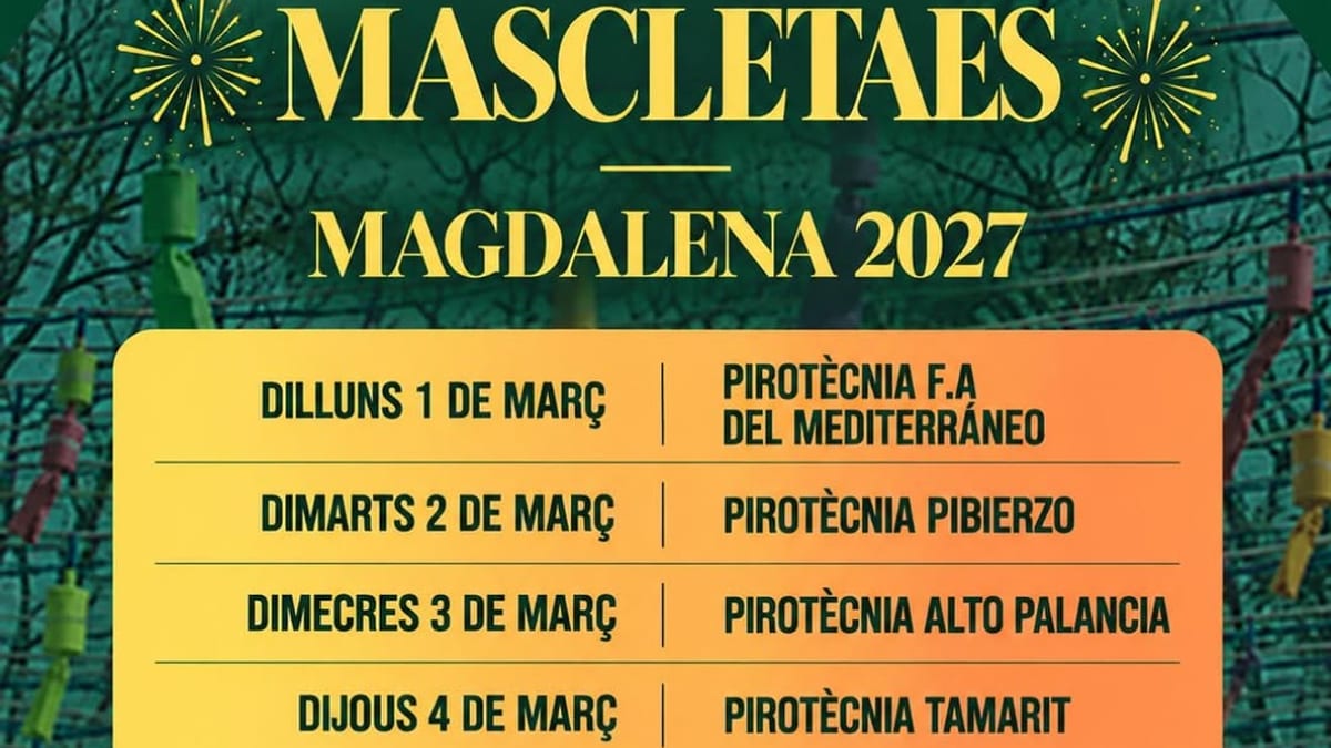Cartel del XXXI Concurs de Mascletaes de la Magdalena 2027 con el orden de participación de las siete pirotécnicas del 1 al 7 de marzo