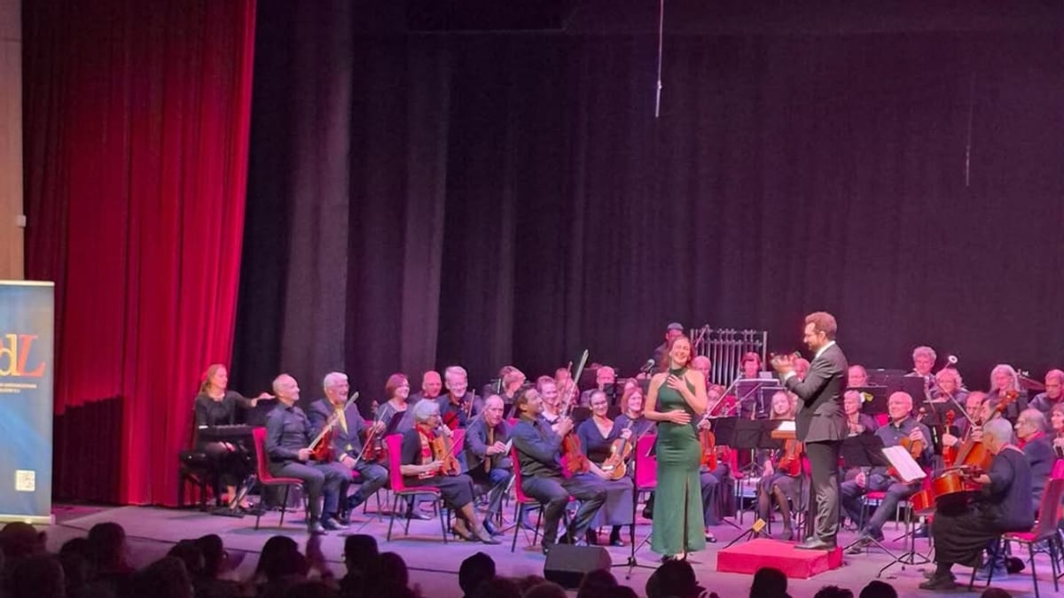 Actuación de la Orquesta Sinfónica OLD en el escenario del Auditorio Montserrat Caballé con iluminación púrpura y público asistente
