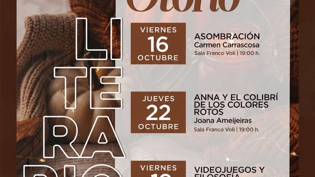 Cartel de programación de Otoño Literario en la Biblioteca Municipal José Ángel Mañas de Sevilla la Nueva