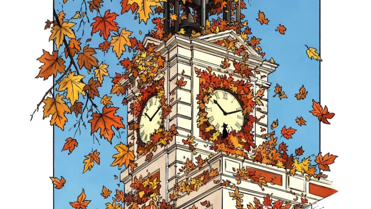 Ilustración artística de la torre del reloj de la Puerta del Sol rodeada de hojas de otoño en tonos ocres y marrones