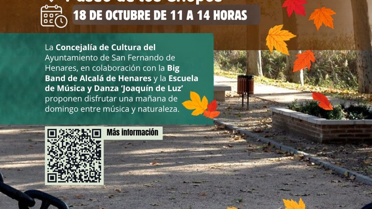 Cartel del evento Otoño entre música y árboles en el Paseo de los Chopos de San Fernando de Henares, 18 de octubre de 11 a 14 horas