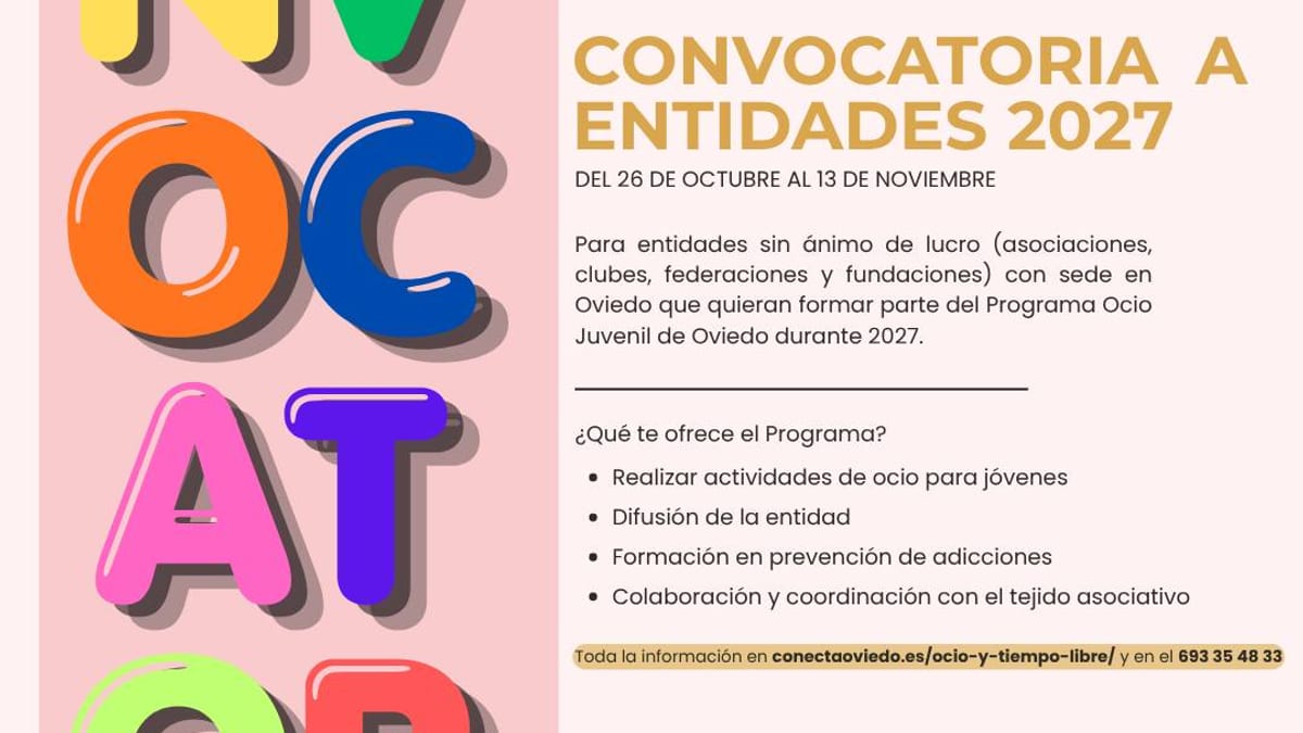 Cartel de la convocatoria a entidades 2027 del Programa Ocio Juvenil de Oviedo
