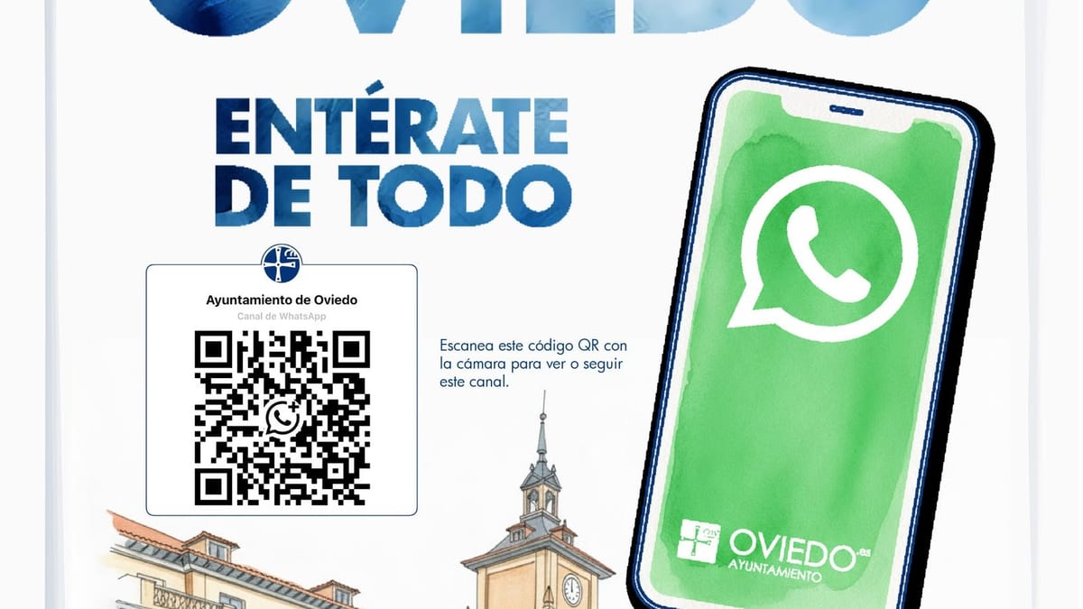Cartel promocional del canal de WhatsApp del Ayuntamiento de Oviedo con código QR