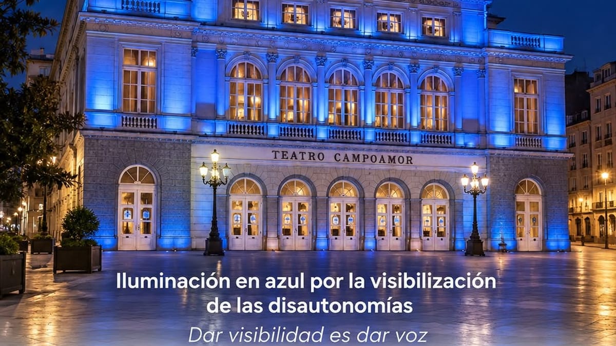 Teatro Campoamor de Oviedo iluminado en azul turquesa por el Día Internacional del Síndrome de Taquicardia Postural