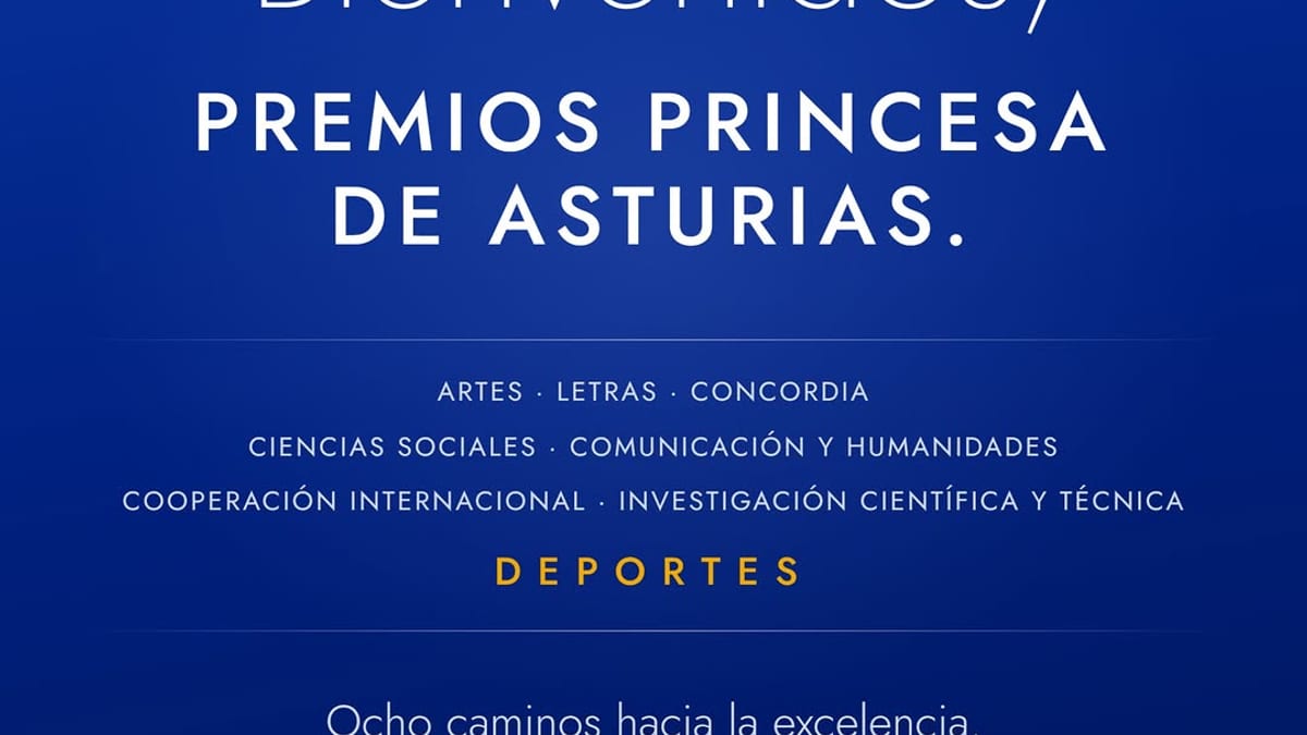Cartel promocional de los Premios Princesa de Asturias 2026 en Oviedo con las ocho categorías: Artes, Letras, Concordia, Ciencias Sociales, Comunicación y Humanidades, Cooperación Internacional, Investigación Científica y Técnica, y Deportes