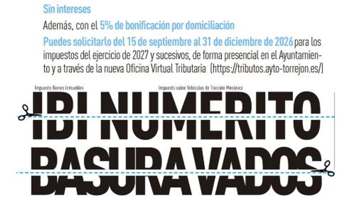 Cartel informativo sobre el pago de impuestos municipales en 8 mensualidades sin intereses en Torrejón de Ardoz a partir de 2027