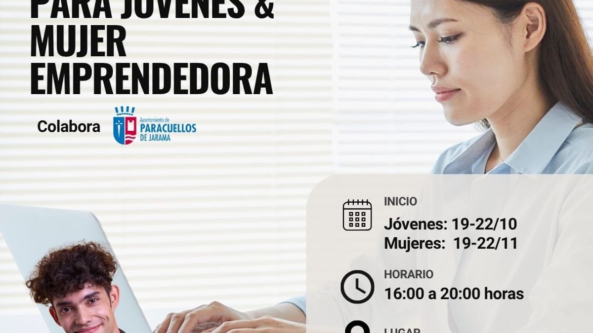 Cartel del Ayuntamiento de Paracuellos de Jarama anunciando cursos de emprendimiento joven y femenino con calendarios de octubre y noviembre, horario de 16 a 20 horas e información de contacto