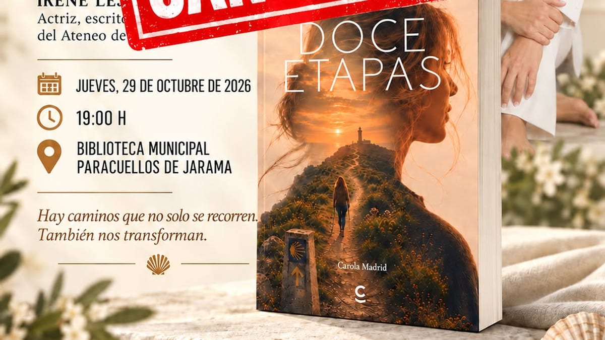 Cartel promocional de la presentación del libro 'Doce etapas' de Carola Madrid, con la leyenda 'Cancelado' superpuesta. Evento programado para el 29 de octubre a las 19:00 horas en la Biblioteca Municipal de Paracuellos de Jarama.