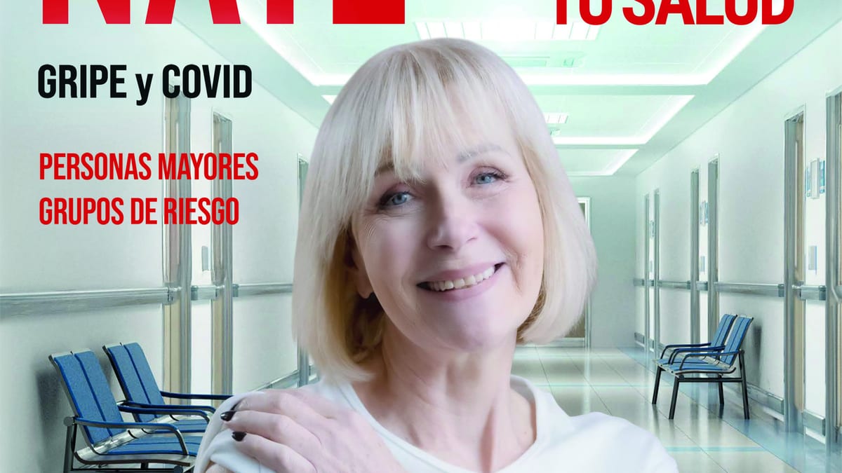 Cartel de campaña de vacunación contra la gripe y COVID de la Comunidad de Madrid con información sobre grupos de riesgo y personas mayores