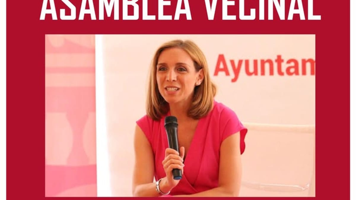 Cartel de la Asamblea Vecinal de Parque Grande del 29 de octubre de 2026 a las 19:00 horas con Candelaria Testa, alcaldesa de Alcorcón, en el marco de la Agenda Urbana Alcorcón 2030