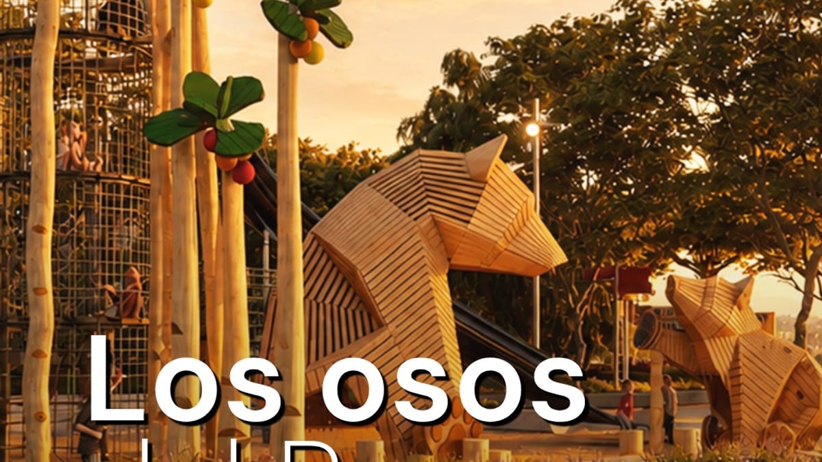Zona infantil del Parque Ventas con osos de madera y tobogán tubular inspirados en el Oso y el Madroño, símbolo de Madrid