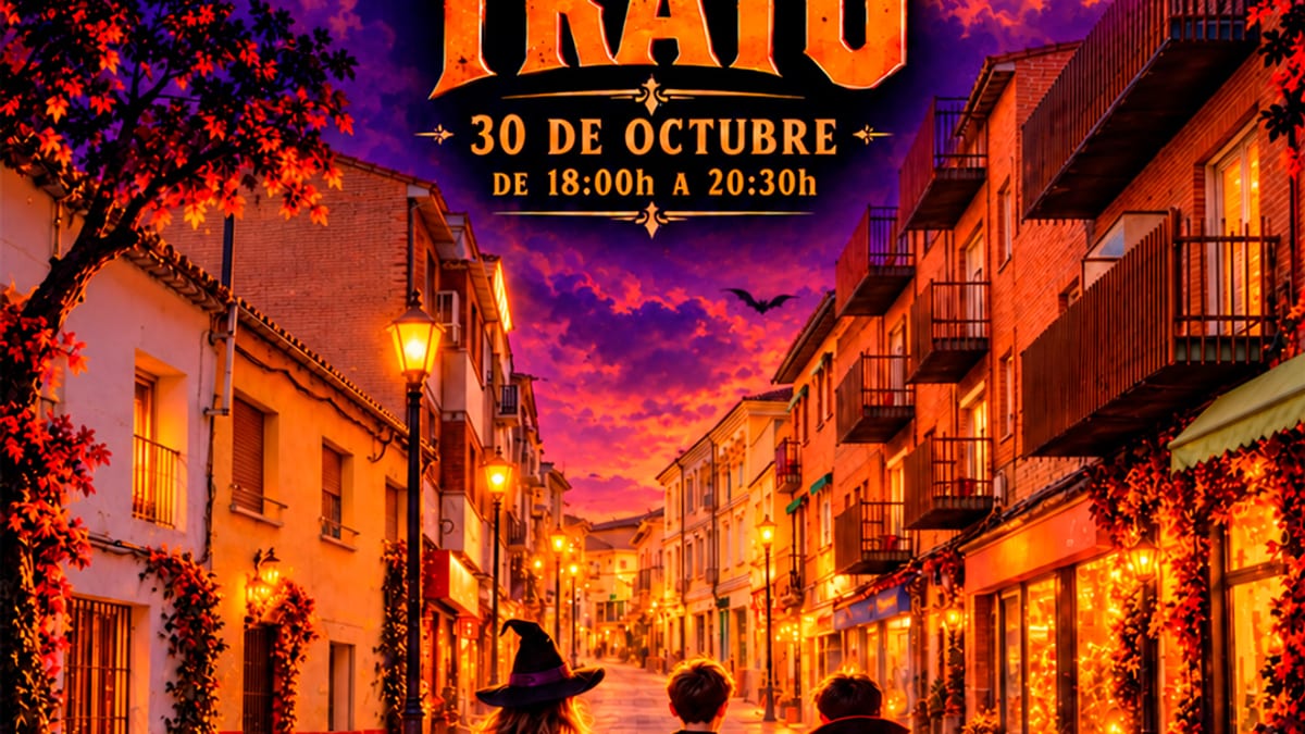 Cartel del Pasacalles Truco o Trato de Pinto el 30 de octubre con horarios de 18:00 a 20:30 horas para el desfile y 20:30 a 21:00 para el espectáculo final