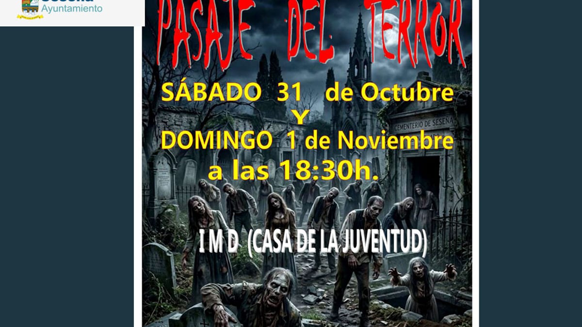 Cartel promocional del Pasaje del Terror en Seseña para Halloween 2024, con información de fechas, horarios y ubicación