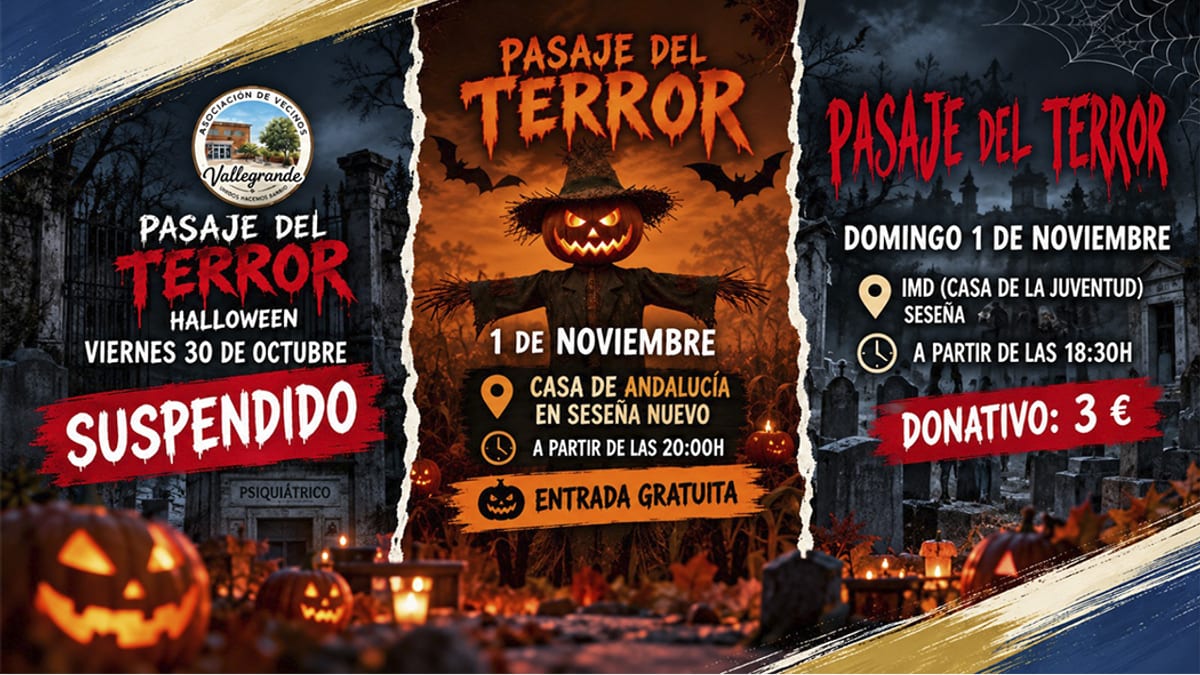 Cartel informativo de cambios en pasajes del terror de Seseña con fechas y horarios de las actividades del 1 de noviembre