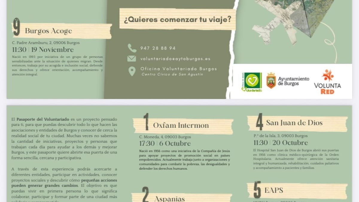 Cartel del Pasaporte del Voluntariado de Burgos con texto promocional y contacto de la Oficina de Voluntariado