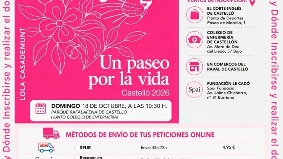 Cartel de Un paseo por la vida Castelló 2026, marcha solidaria contra el cáncer de mama del 18 de octubre en el parque Rafalafena