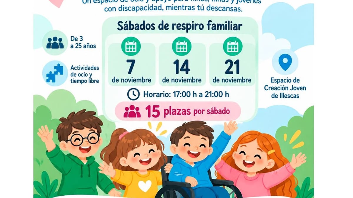 Cartel informativo del programa Pensamos en ti con fechas de noviembre, horario y actividades de ocio para niños y jóvenes con discapacidad