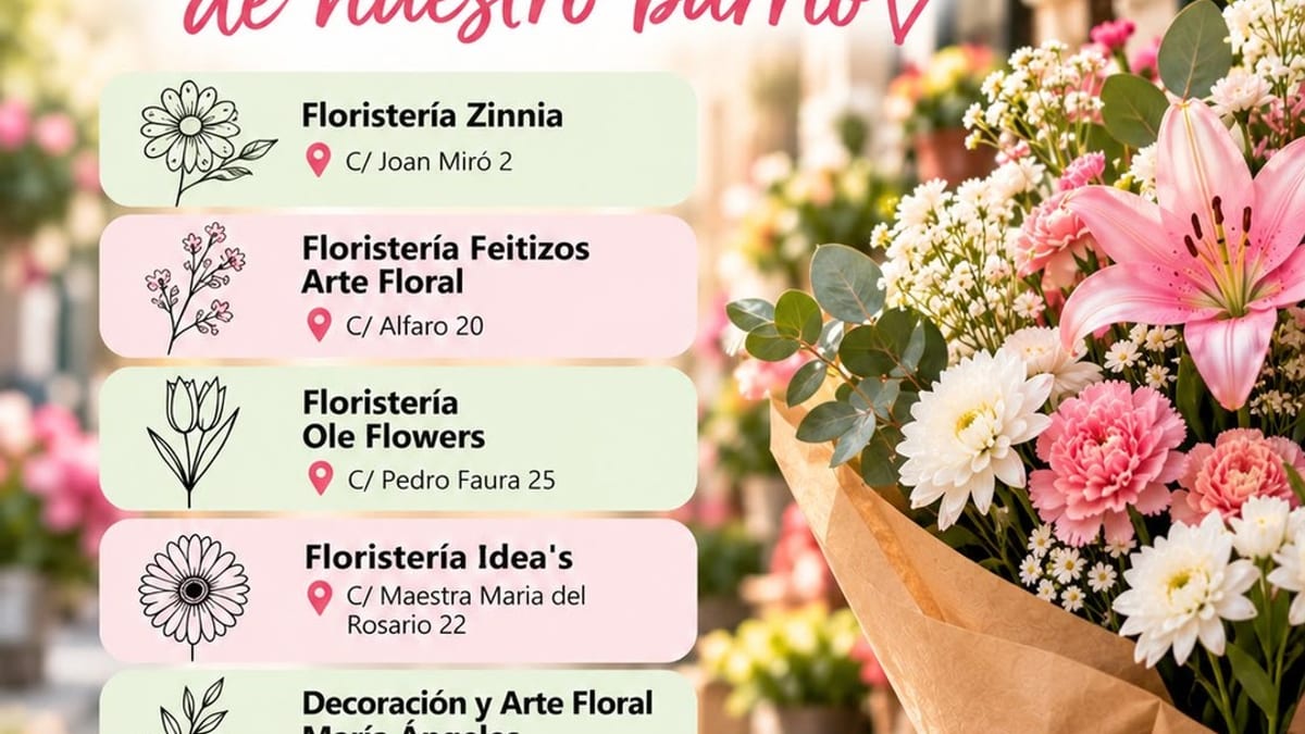 Cartel de la campaña de Pinto de apoyo a floristerías locales para el Día de Todos los Santos, con listado de establecimientos participantes