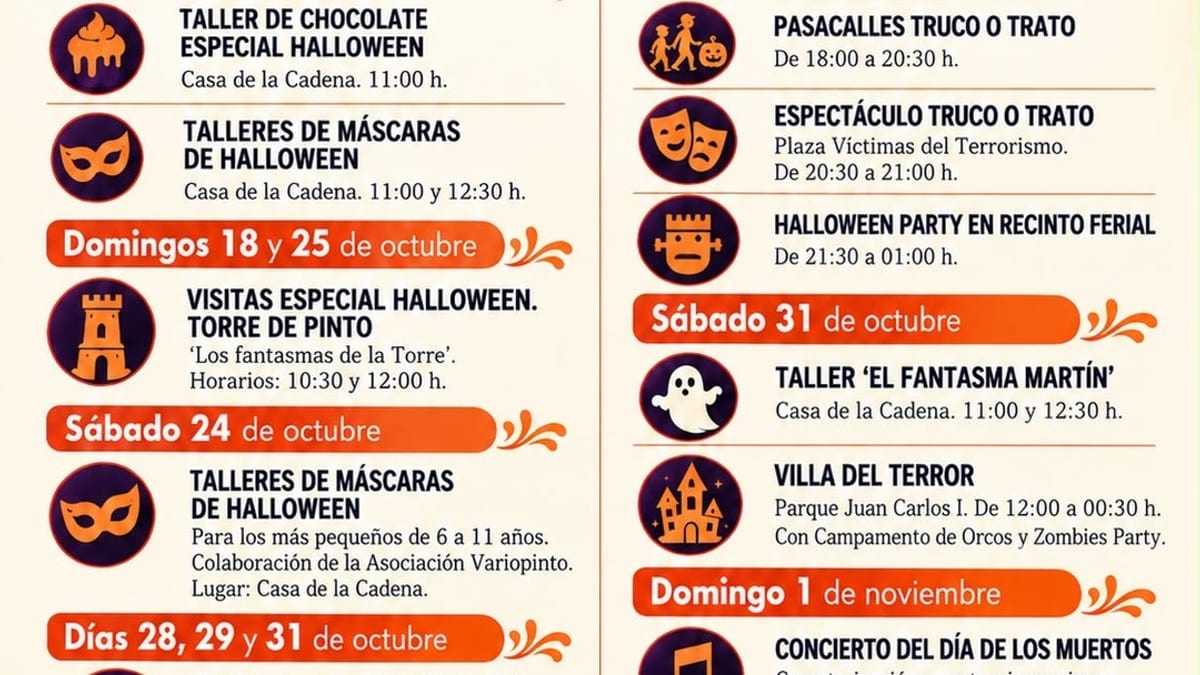 Cartel de Halloween en Pinto 2026 con la Torre de Pinto de fondo y decoraciones temáticas de Halloween