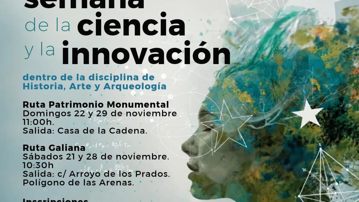 Cartel promocional de la Semana de la Ciencia y la Innovación en Pinto con rutas de patrimonio monumental y Galiana
