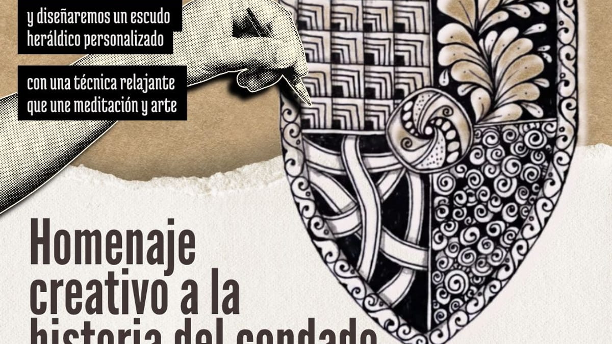Cartel de la actividad Artesanía con Historia sobre el Condado de Pinto con diseño de escudos heráldicos