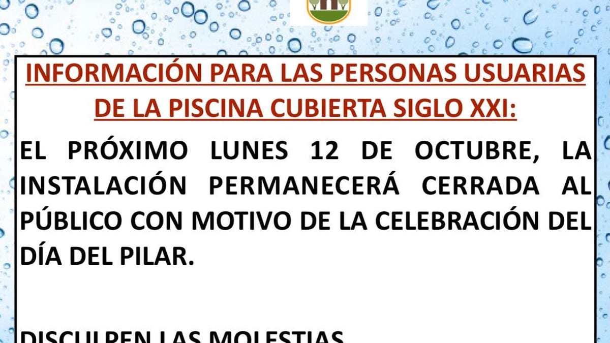 Comunicado del Ayuntamiento de Torrijos sobre el cierre de la Piscina Cubierta Siglo XXI el 12 de octubre