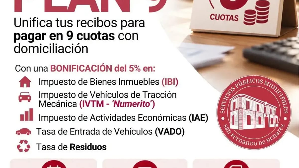 Cartel informativo del Plan 9 de medidas fiscales 2027 del Ayuntamiento de San Fernando de Henares con detalles de bonificación y formas de solicitud