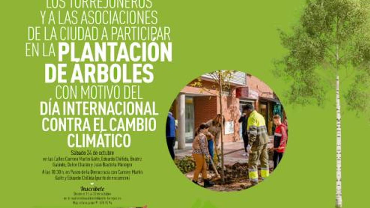 Cartel informativo sobre la plantación de árboles por el Día Internacional Contra el Cambio Climático en Torrejón de Ardoz