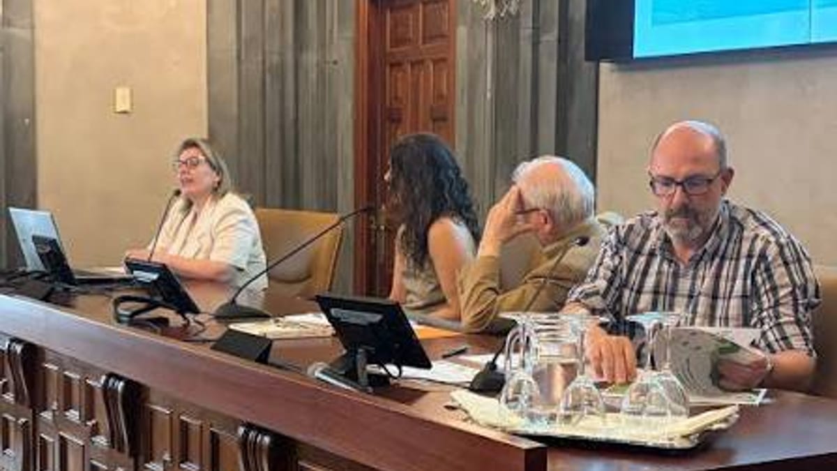 Panel de discusión con cuatro personas en mesa durante presentación de investigación en economía social en la Casa de la Provincia de Sevilla