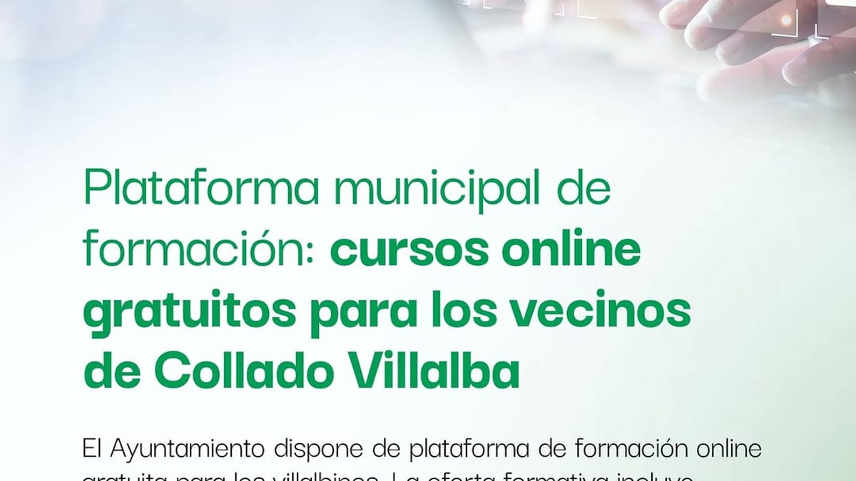 Cartel promocional de la plataforma de formación online gratuita de Collado Villalba con oferta de cursos en inteligencia artificial, idiomas y administración empresarial