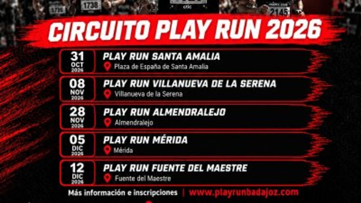 Cartel del circuito Play Run Badajoz 2026 con el calendario de las cinco pruebas itinerantes