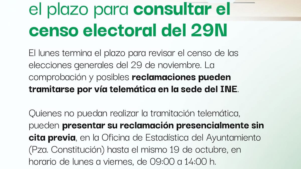Cartel informativo del Ayuntamiento de Collado-Villalba recordando el plazo de consulta del censo electoral del 29 de noviembre hasta el 19 de octubre