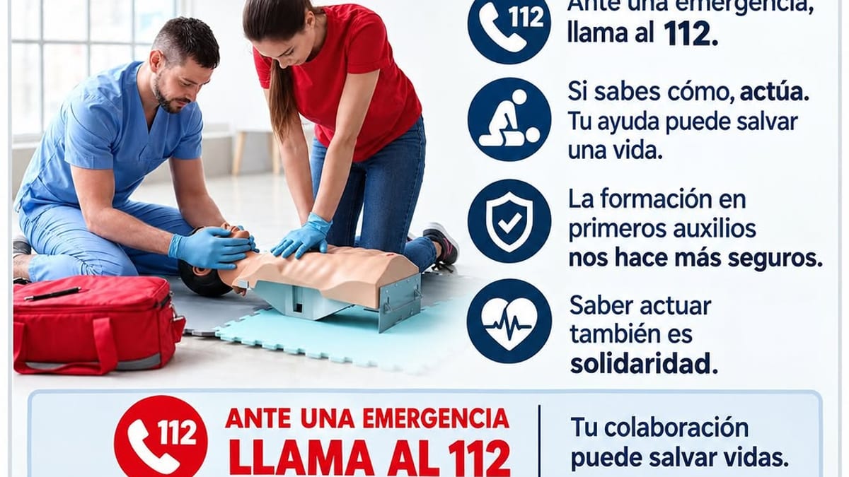 Infografía de la Policía Local de San Sebastián de los Reyes sobre primeros auxilios ante emergencias, con instrucciones de cómo actuar y número 112