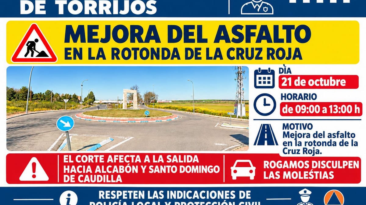 Cartel informativo de la Policía Local de Torrijos sobre corte de tráfico en rotonda de la Cruz Roja el 21 de octubre