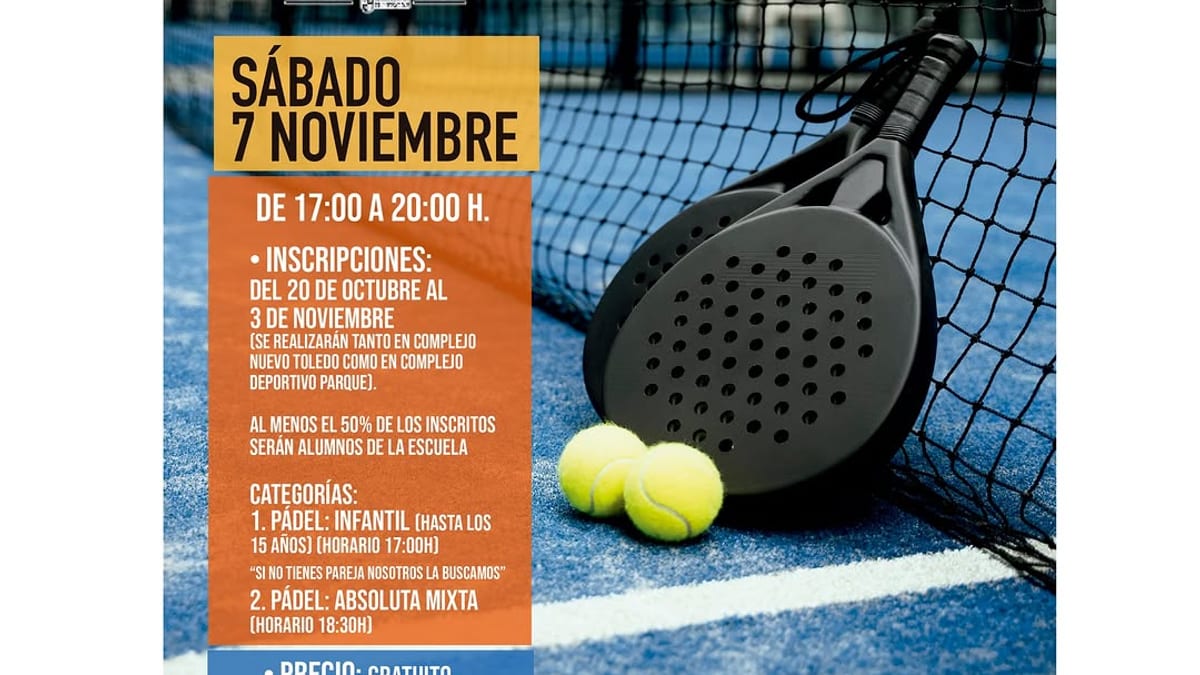 Cartel del pozo de pádel mixto de Illescas con información de inscripción y categorías infantil y adulta
