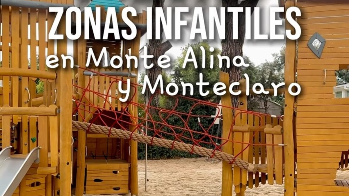 Cartel informativo de las nuevas zonas infantiles remodeladas en Monte Alina y Monteclaro de Pozuelo