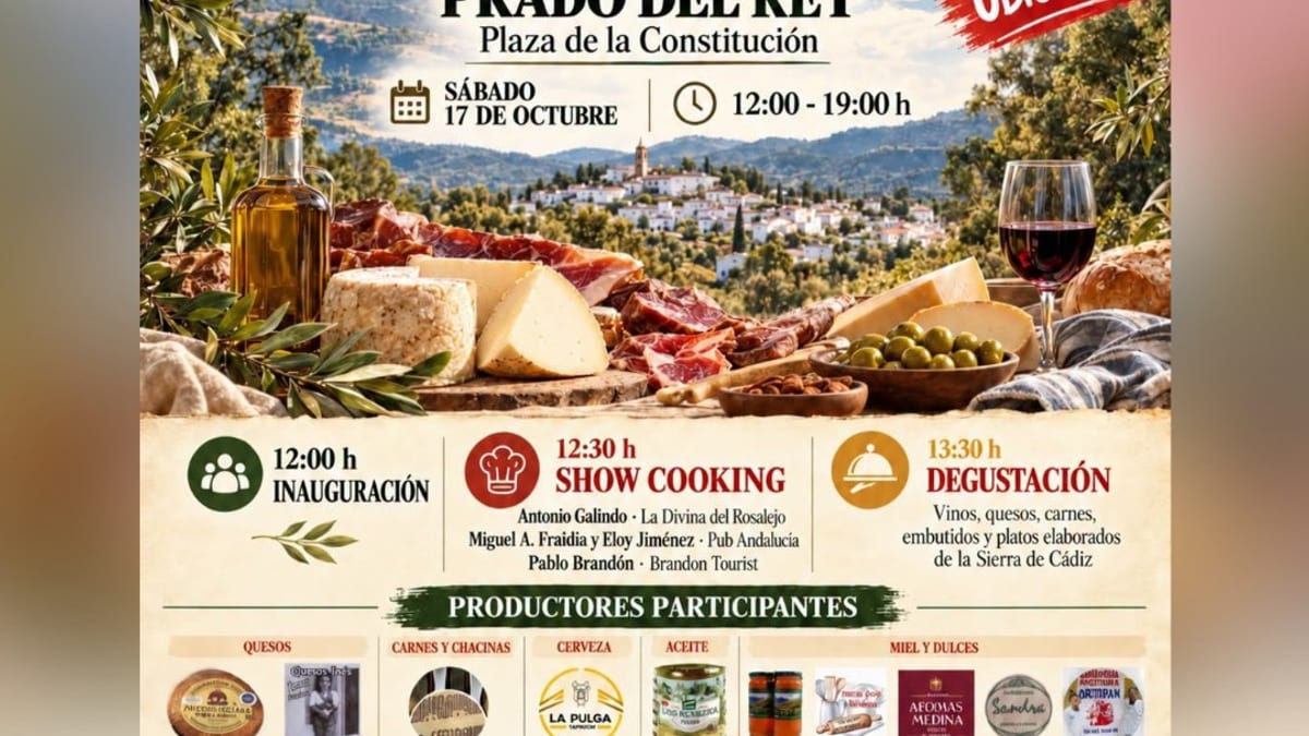 Cartel de la feria agroalimentaria Saborea el Campo en Prado del Rey, 17 de octubre, con programación de shows de cocina y degustaciones de productos de la Sierra de Cádiz