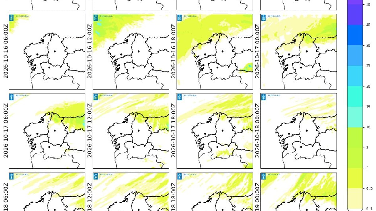 Mapa de precipitación acumulada en 6 horas de MeteoGalicia mostrando la evolución del frente frío sobre Galicia