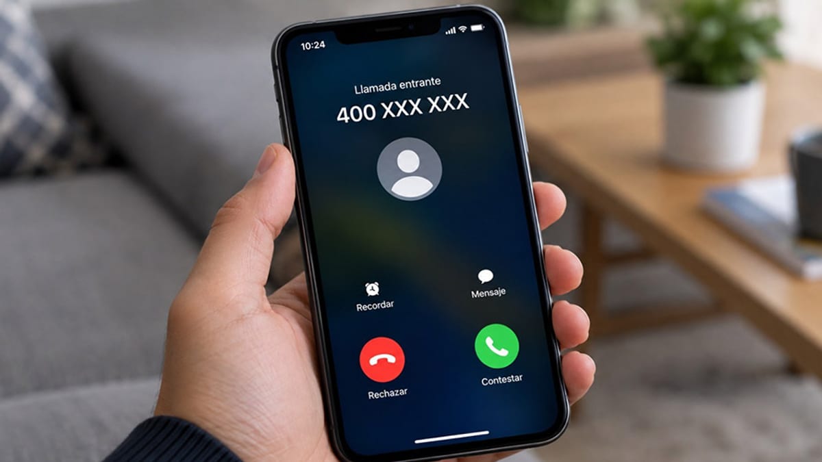 Pantalla de teléfono mostrando una llamada entrante con prefijo 400 XXX XXX identificada como comercial