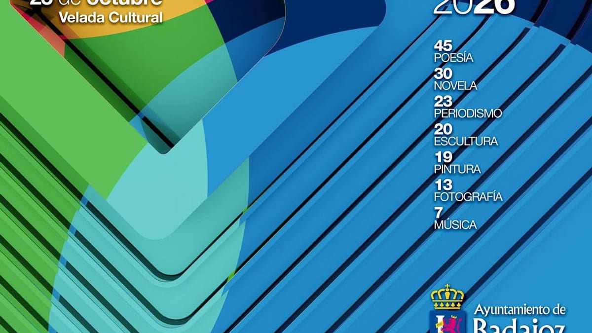 Cartel de los Premios Ciudad de Badajoz 2026 con las siete categorías y número de participantes
