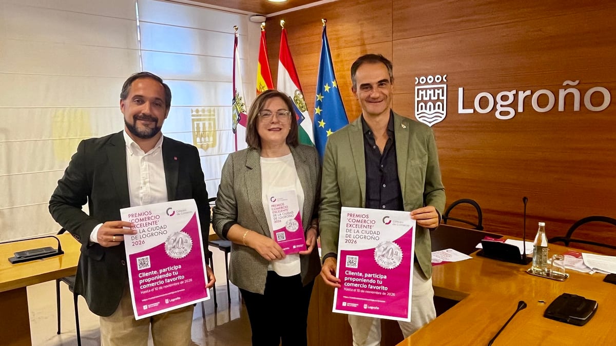 Cartel de los Premios Comercio Excelente de la ciudad de Logroño 2026, 20 aniversario, con convocatoria abierta para propuestas de comercios