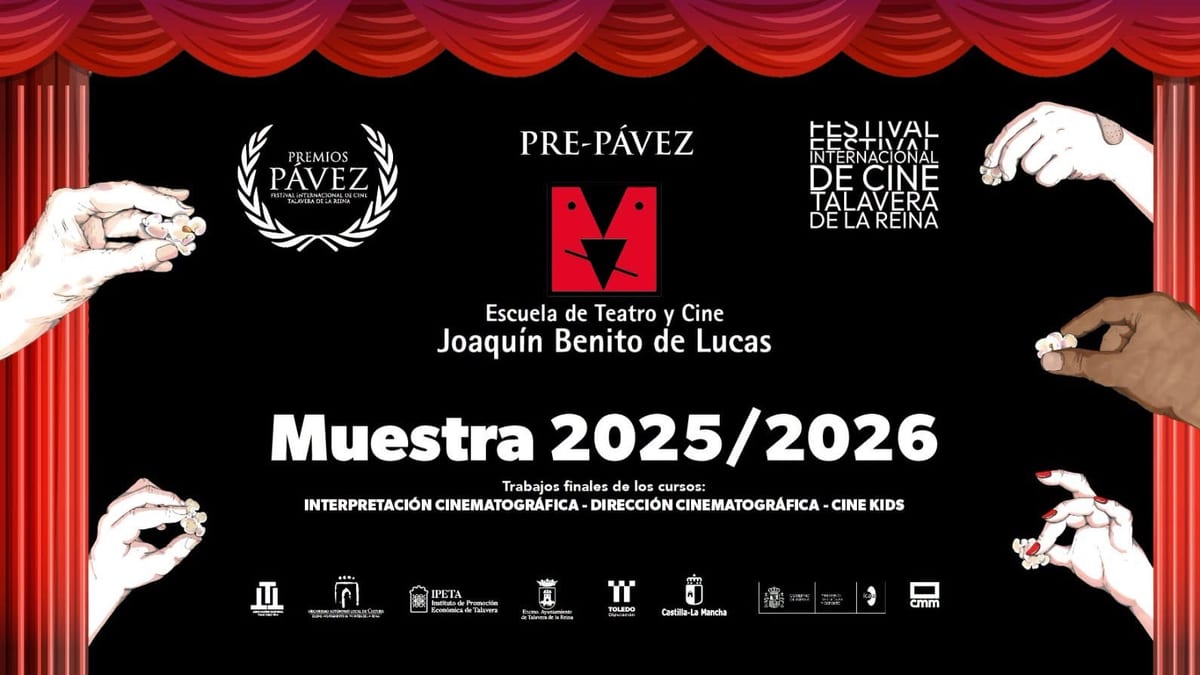 Cartel promocional de la muestra de cine de los Premios Pávez, festival internacional de cine de Talavera de la Reina, con los logotipos del evento y la Escuela de Teatro y Cine Joaquín Benito de Lucas
