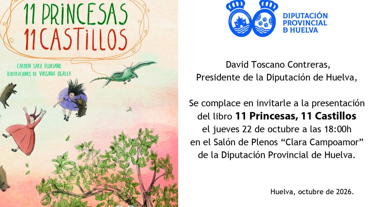 Portada del libro 11 Princesas 11 Castillos de Carmen Sara Floriano con ilustraciones de Virginia Ocaña, presentado por la Diputación de Huelva